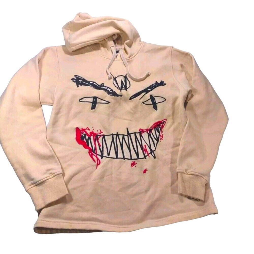 Evil Hearts Club Mens Yellow Pull On Hoodie Embroidered Evil Face- Size Large